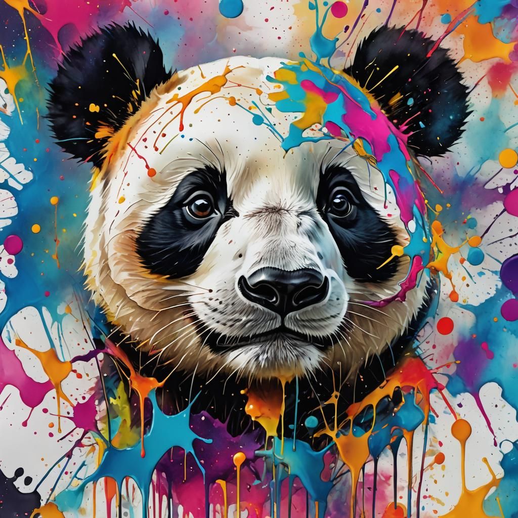 Surreal Panda Face with Alcohol Ink Splatter