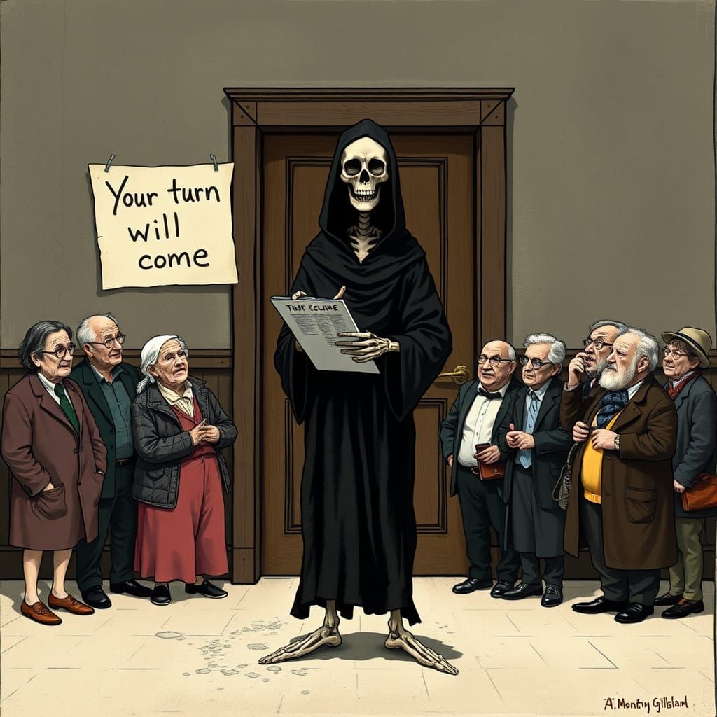 Grim Reaper as Bumbling Bureaucrat in Monty Python Style