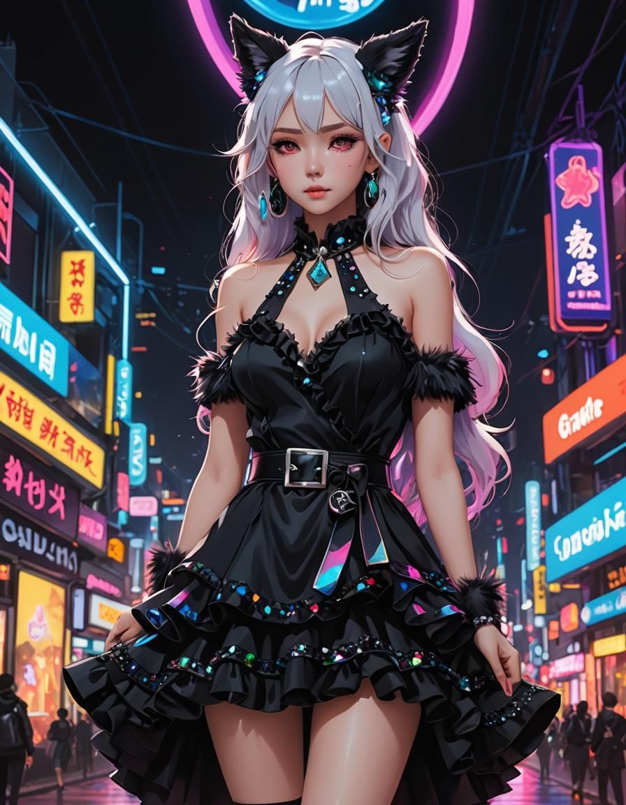 Fur Goth Dress in Anime Style with Neon Lights
