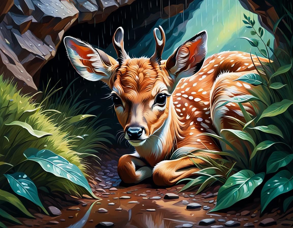 illustration of a cute baby deer, sleeping in a small cave, ...