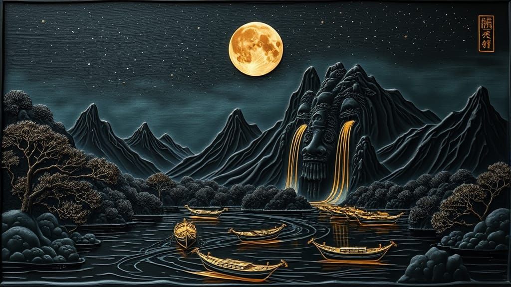 Surreal Chinese Landscape in Embossed Black Metal Art