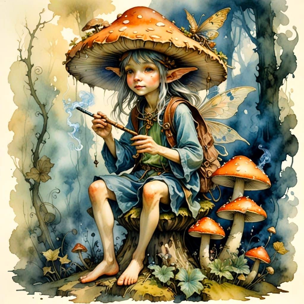 Mischievous Fairy Smokes a Pipe, Watercolor Art
