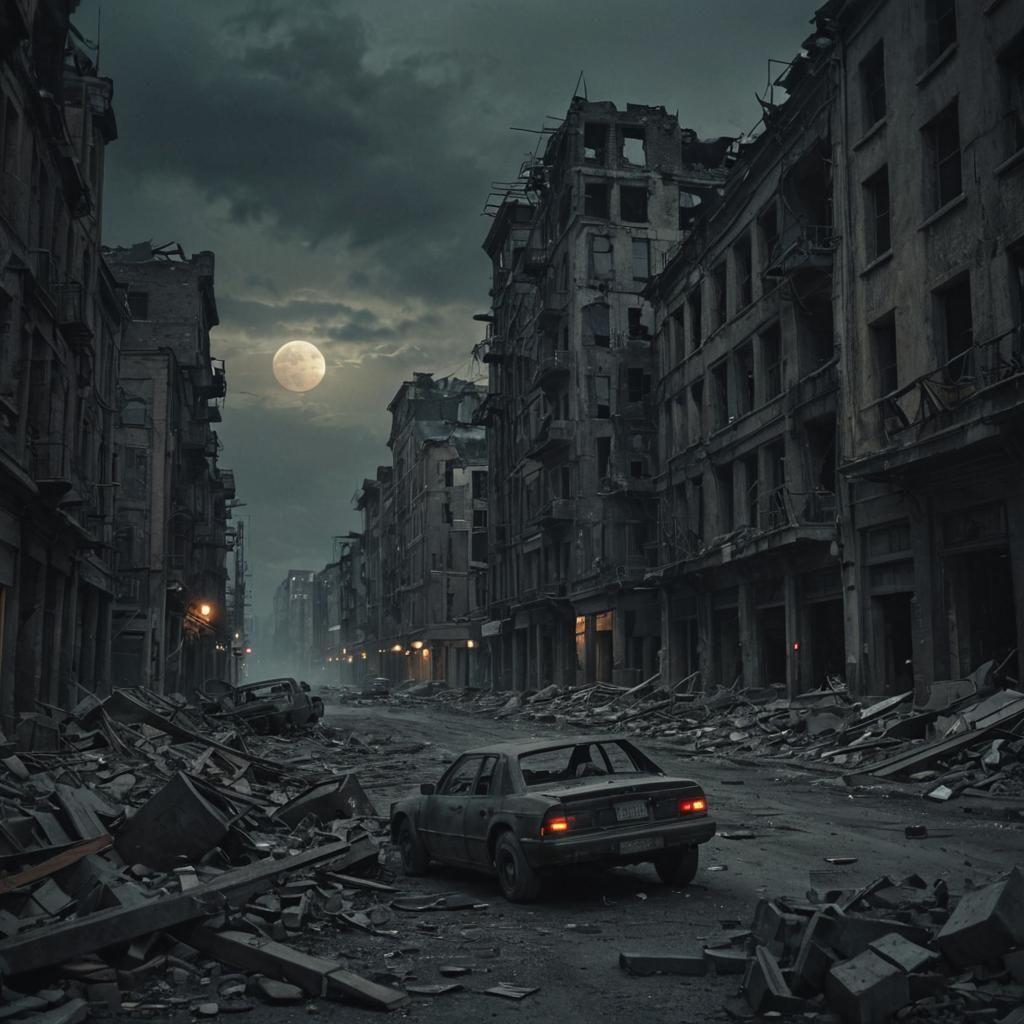 Surreal Ruined Cityscape in Film Noir Style