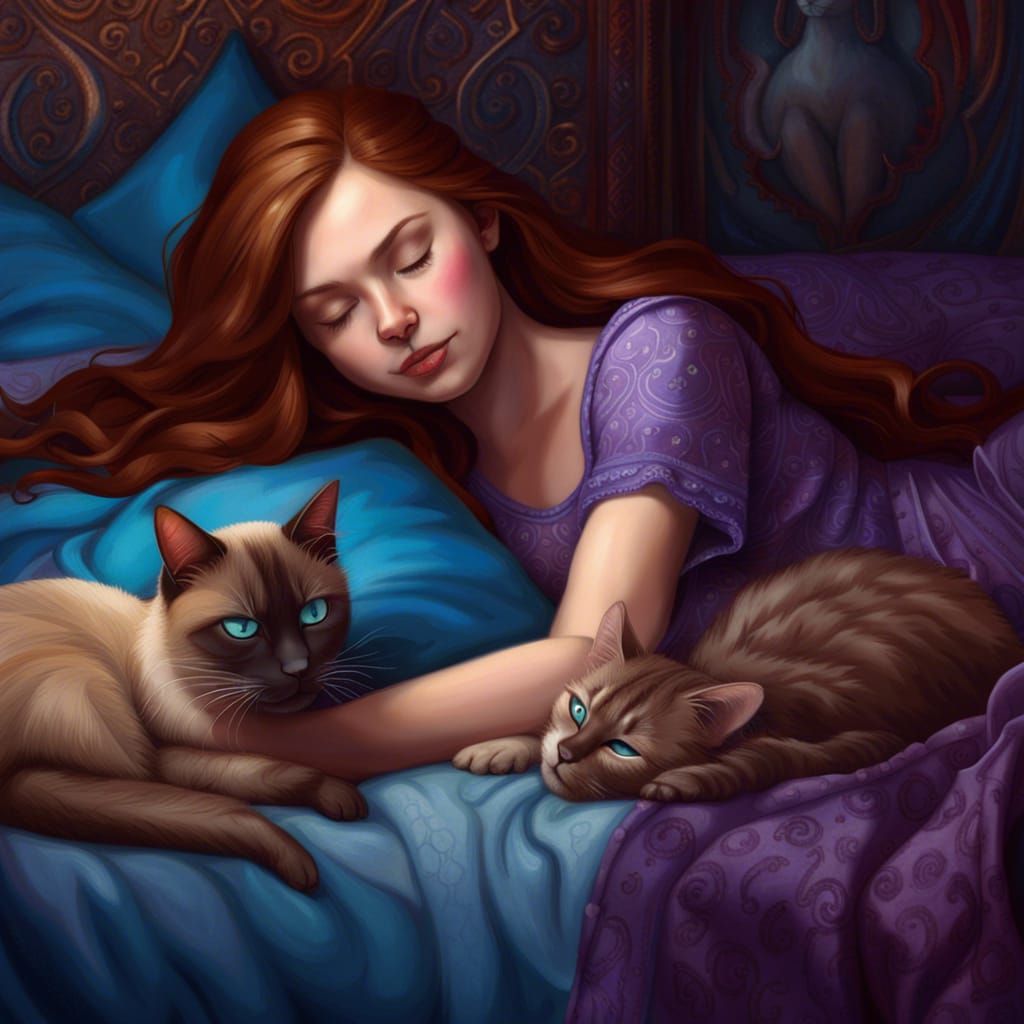 Girl Sleeping with Siamese Cat: Matte Painting