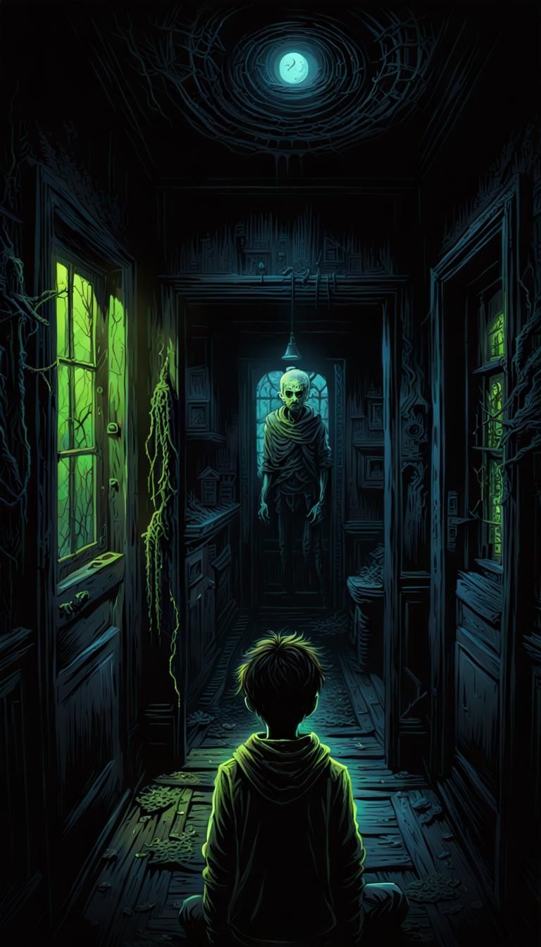 Spooky Fluorescent Boy in Dark House Concept Art
