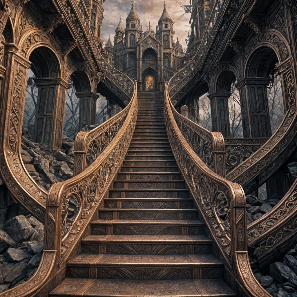 Surreal Copper Staircase to Hellish Landscape