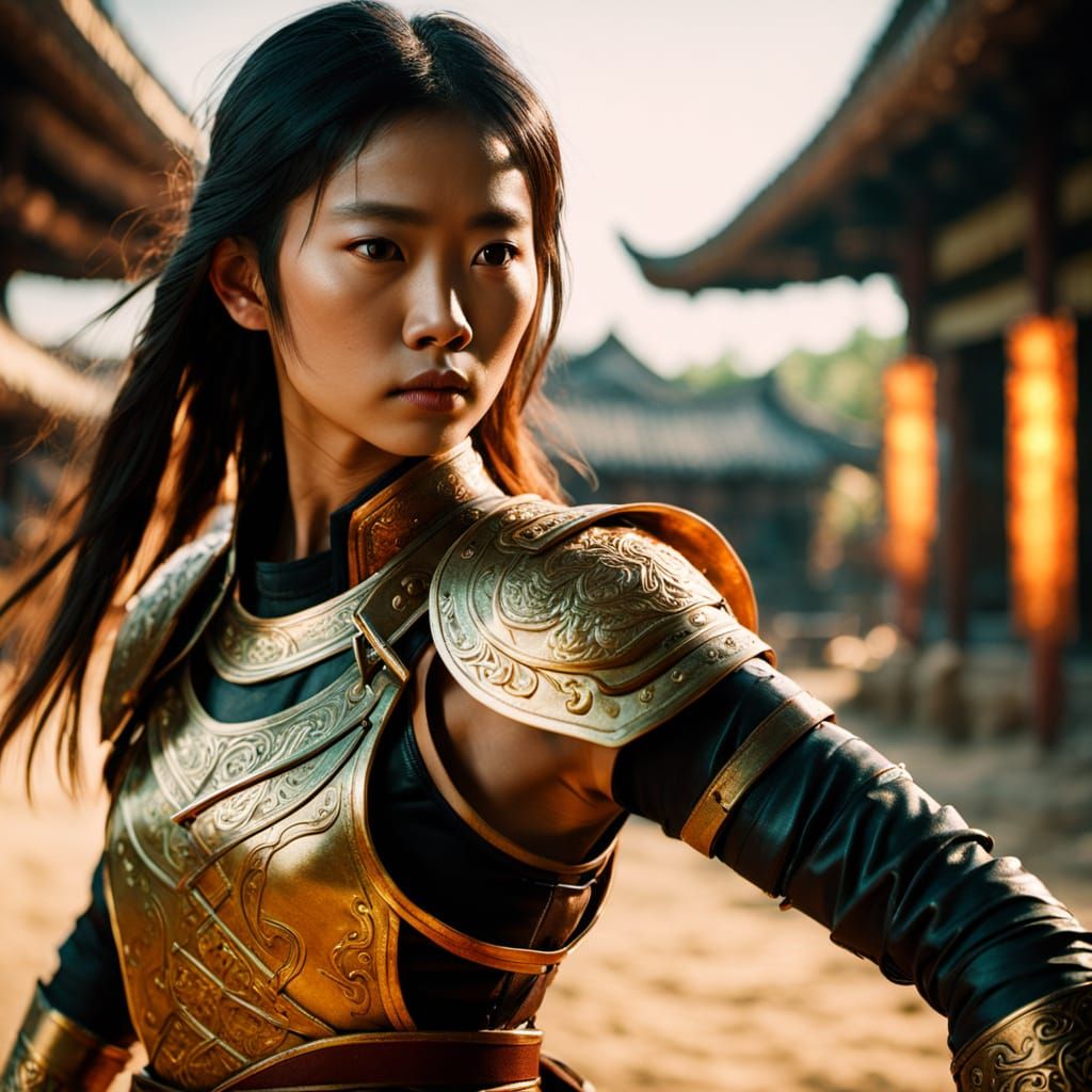 Gorgeous Thai Female Fighter in Leather Armor Wields Long-Ha...