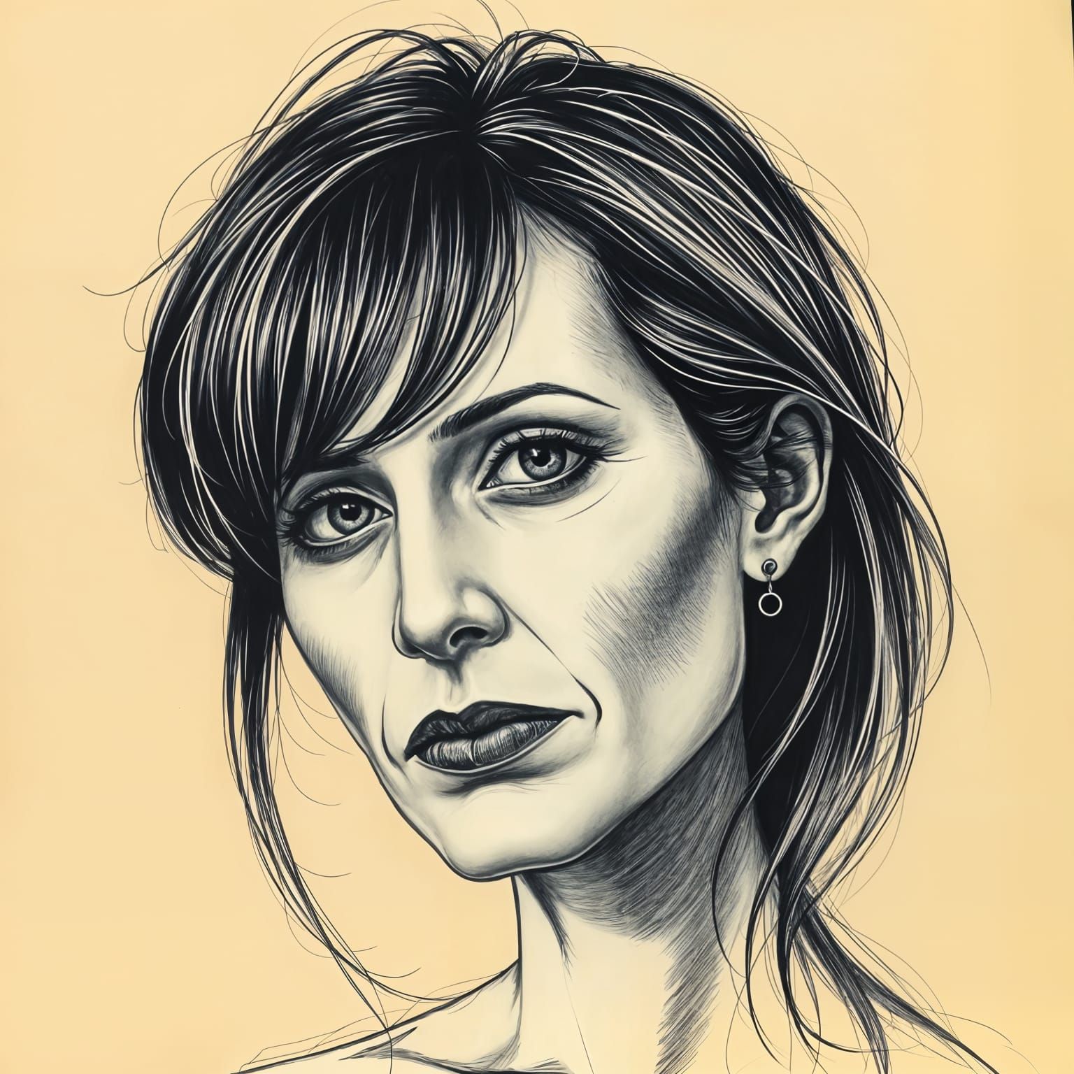 Hyperdetailed Charcoal Portrait of a Middle-Aged Woman in Cr...