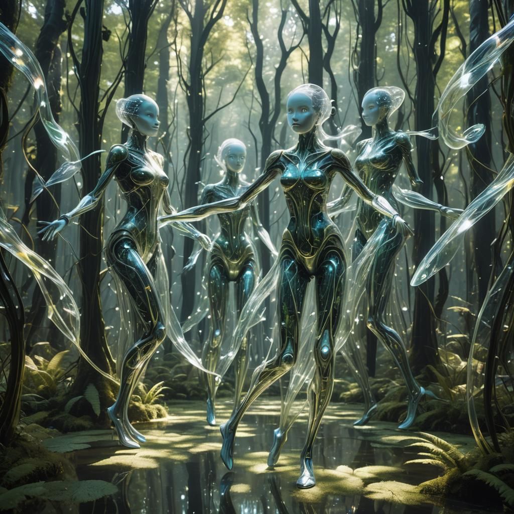 Ethereal Figures Dancing in a Glass Forest
