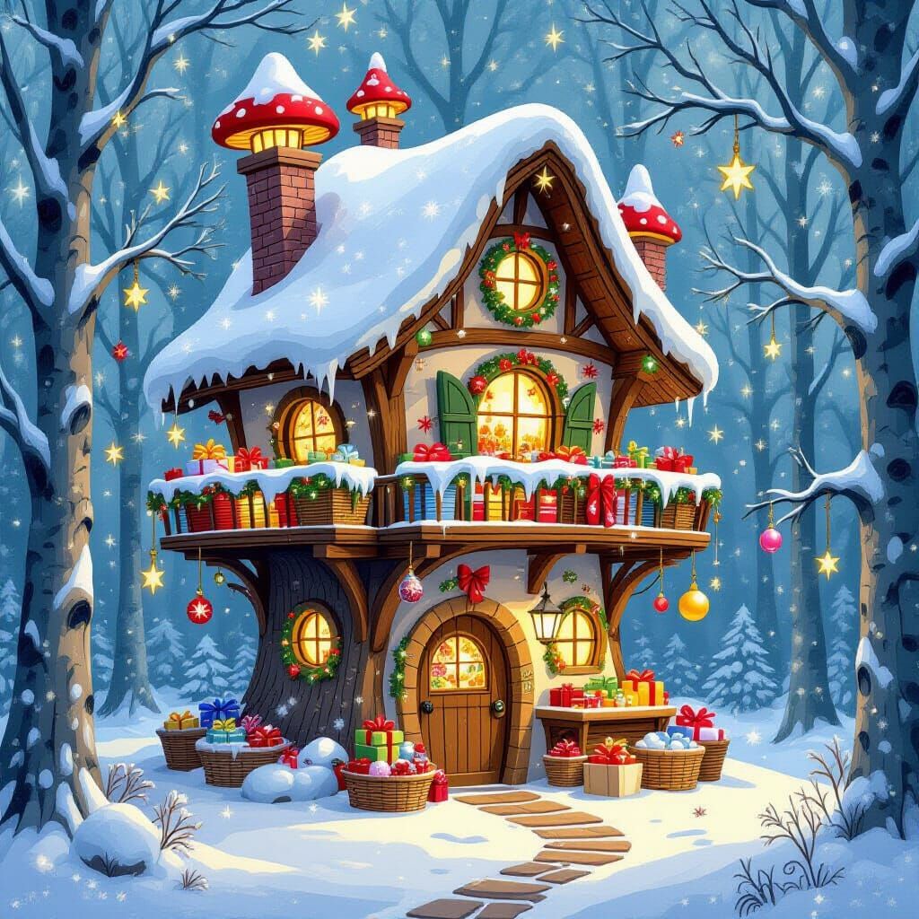 Whimsical Fairy Treehouse Christmas Shop in Snowy Forest
