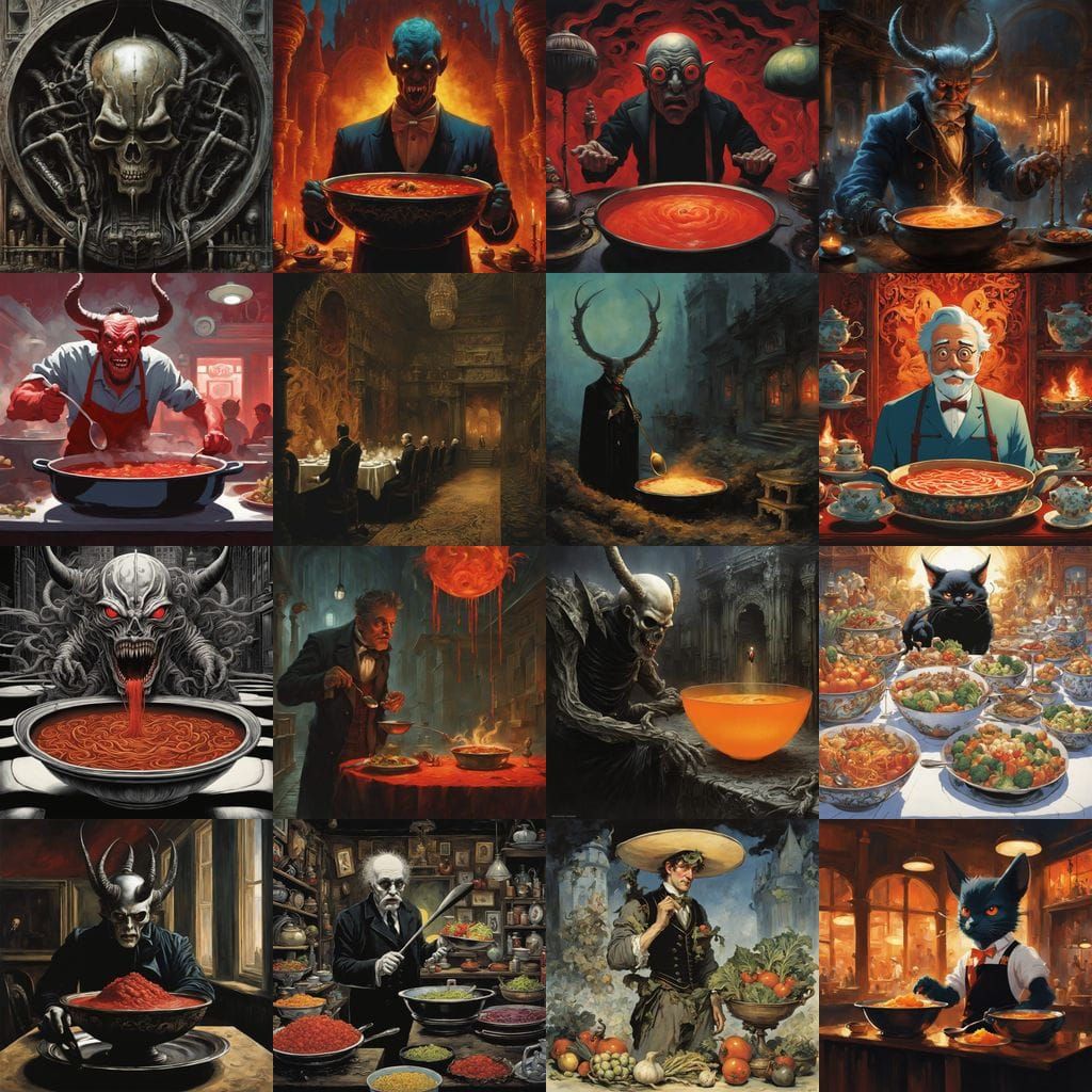 Surreal Demon Emerges from Haunting Soup in a Whimsical Mann...