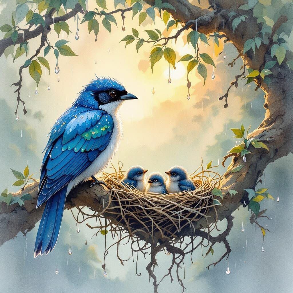 Sapphire Bird Guards Chicks by Cave Firelight