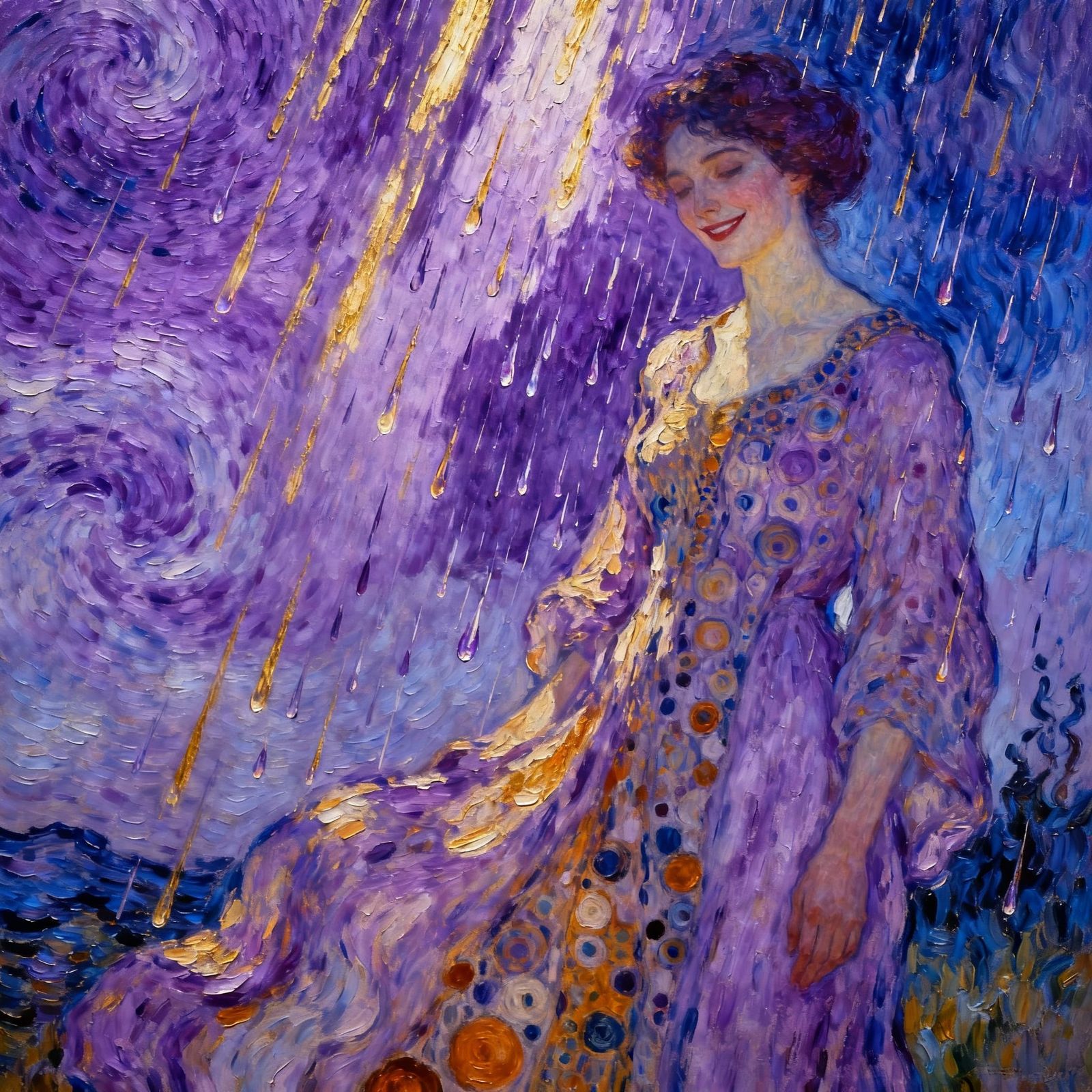 Woman Smiling in Purple Rain Oil Painting