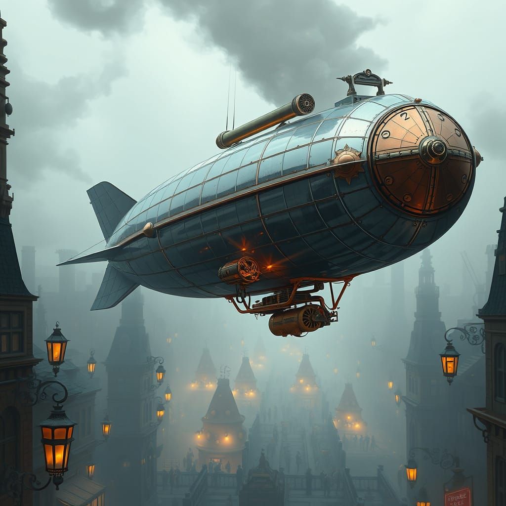 Silver Zeppelin Drifting Over Victorian Cityscape