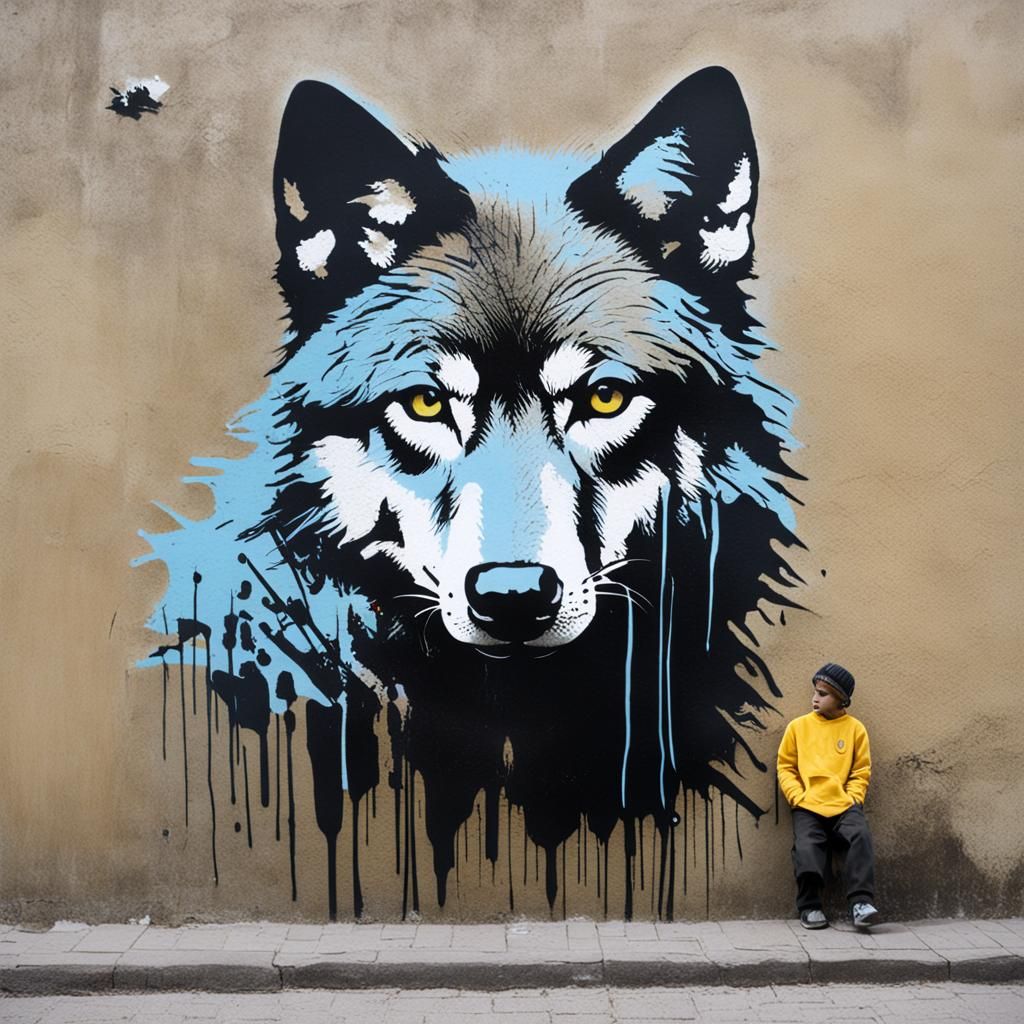Banksy-Style Iridescent Wolf Graffiti Art