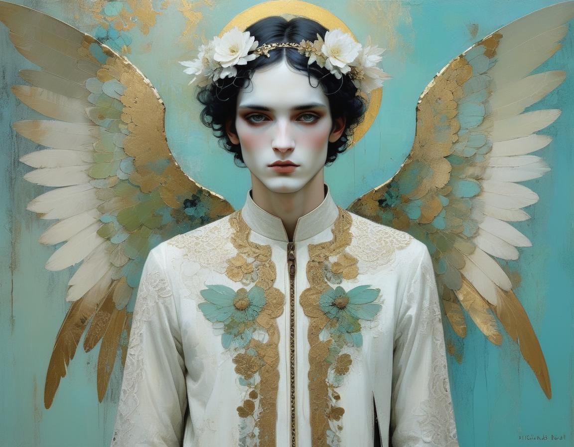 Celestial Young Man with Angel Wings, Surreal Portrait