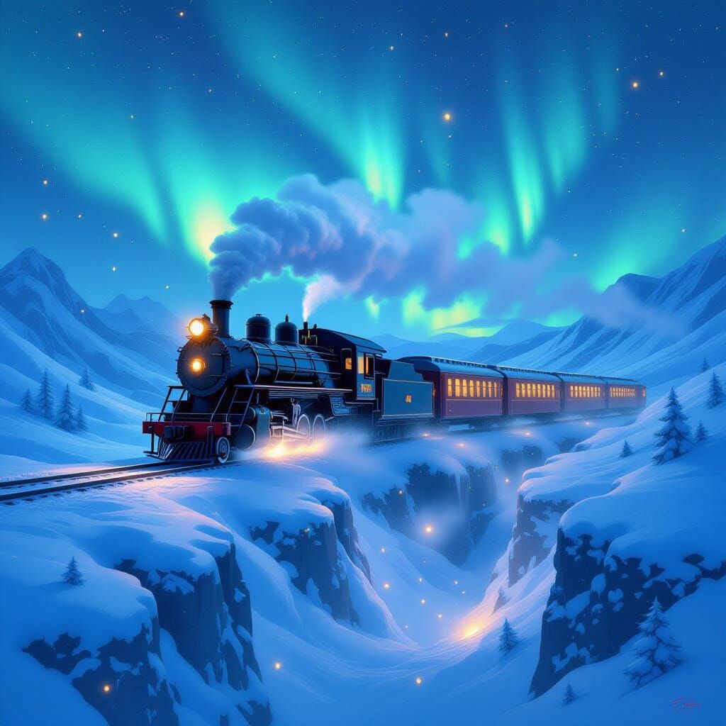 Dreamy Steam Train Over Snowy Canyon in Aurora Light