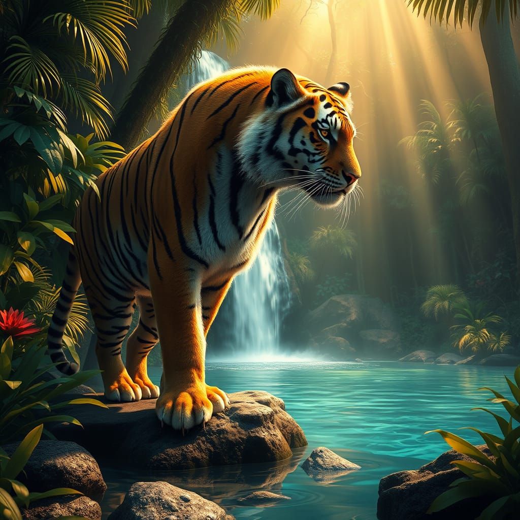 Tiger Shifter Guards Mystical Waterfall in Dynamic Art Style