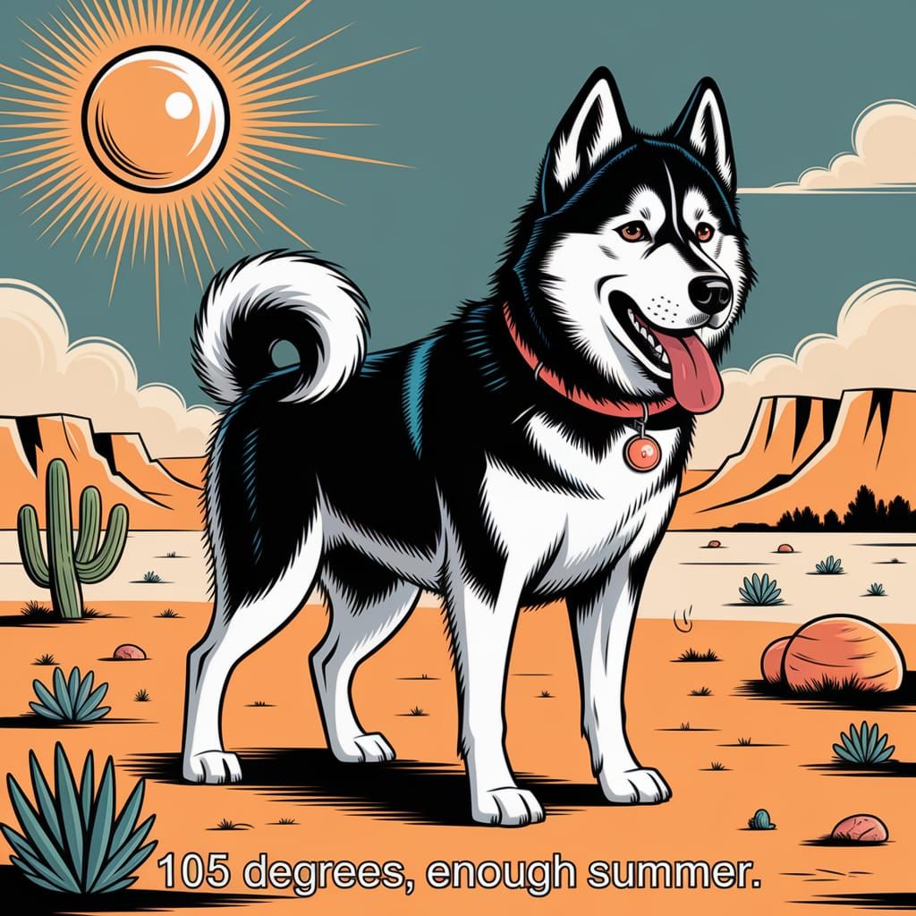 A Husky dog sweating and panting in a hot desert with the bl...