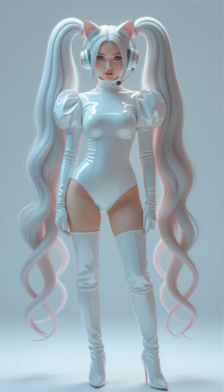 Woman with Silver Hair in Futuristic Pigtails with Cat Ear H...