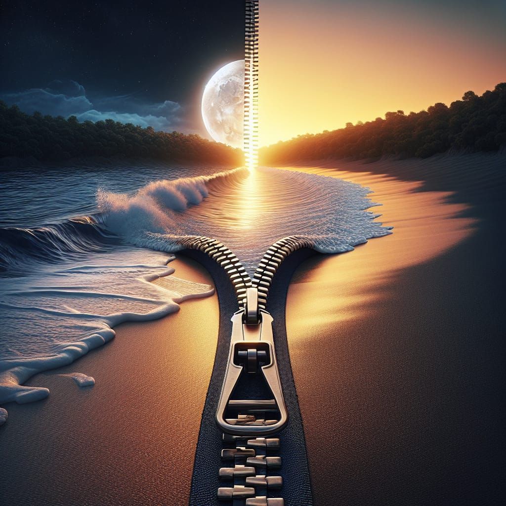Surreal Zipper Dividing Day and Night, Hyperrealistic Digita...