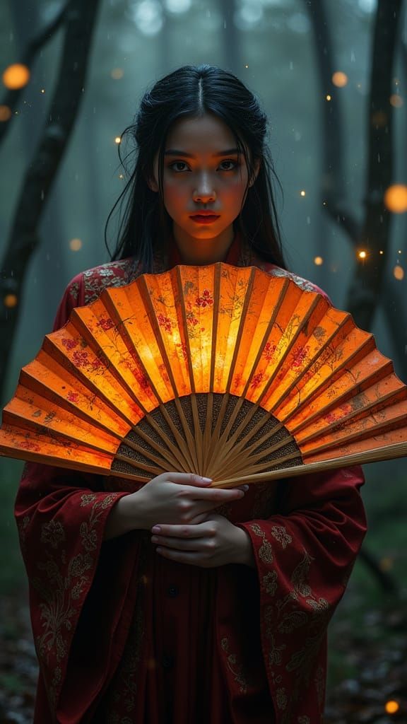Enchanted Forest Beauty with Giant Hand-Painted Fan