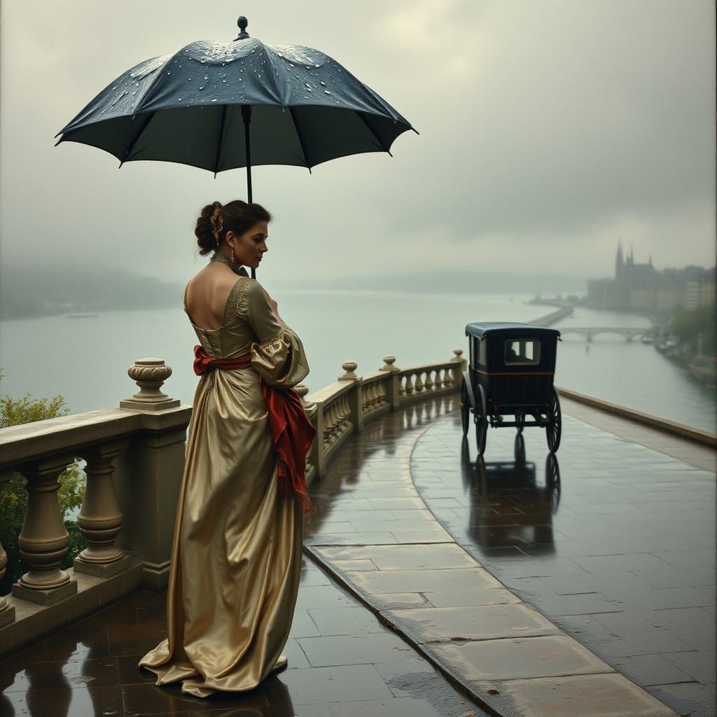 Noblewoman on Rainy Terrace Overlooking Rhine