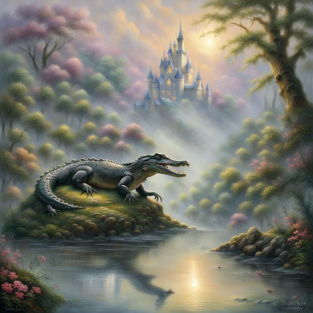 Ethereal Alligator in Misty Fantasy Landscape