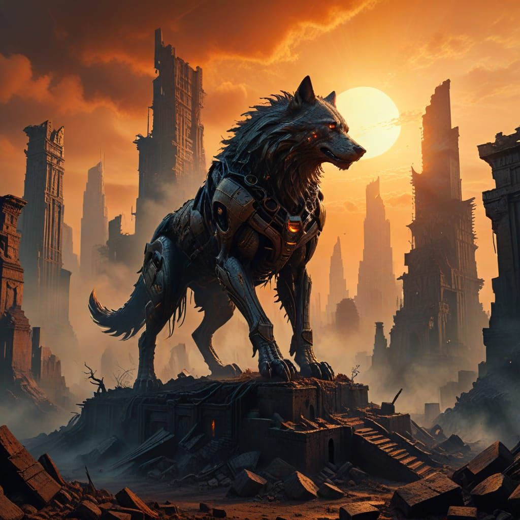 Epic Dark Fantasy Cityscape on a Slumbering Wolf's Back