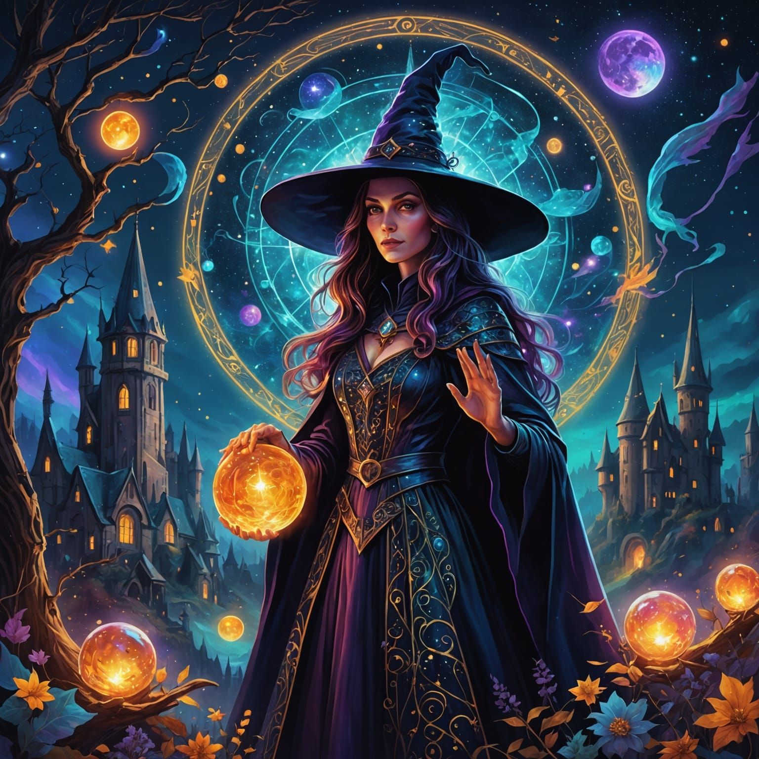 Magical Night: Witch and Wizard in Astral Cosmic Art