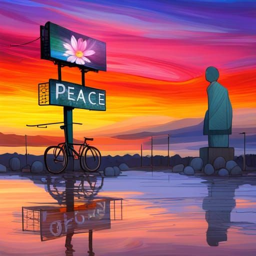 Colorful Billboard with 'PEACE' and Flowers