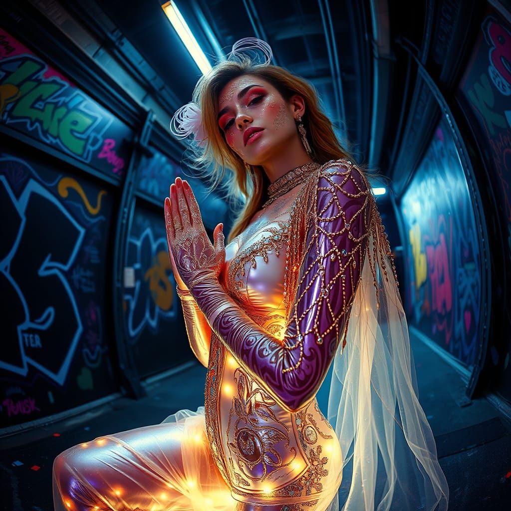 Ethereal Woman in Futuristic Fashion with Psychedelic Patter...