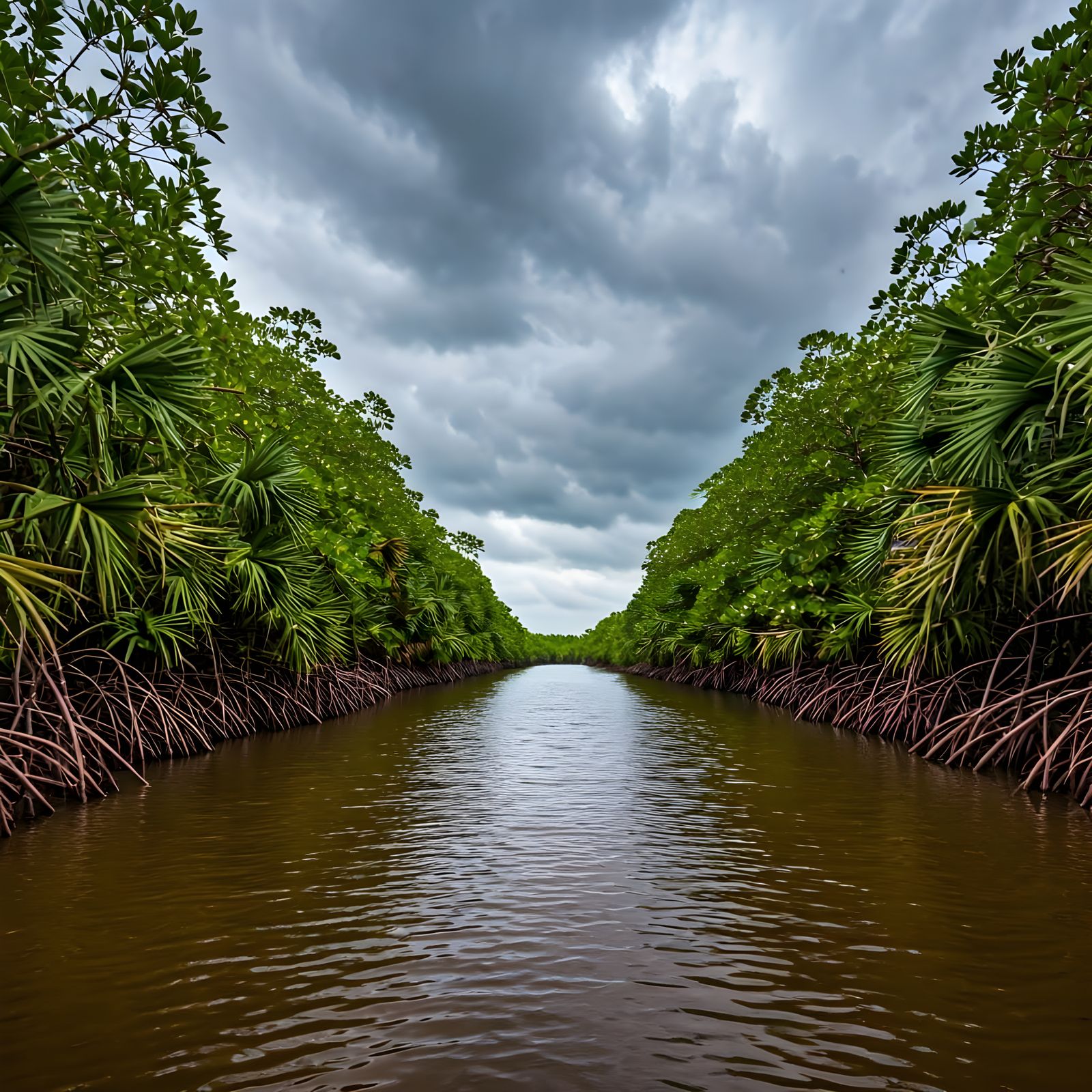 Mangrove River Scene Under Overcast Sky