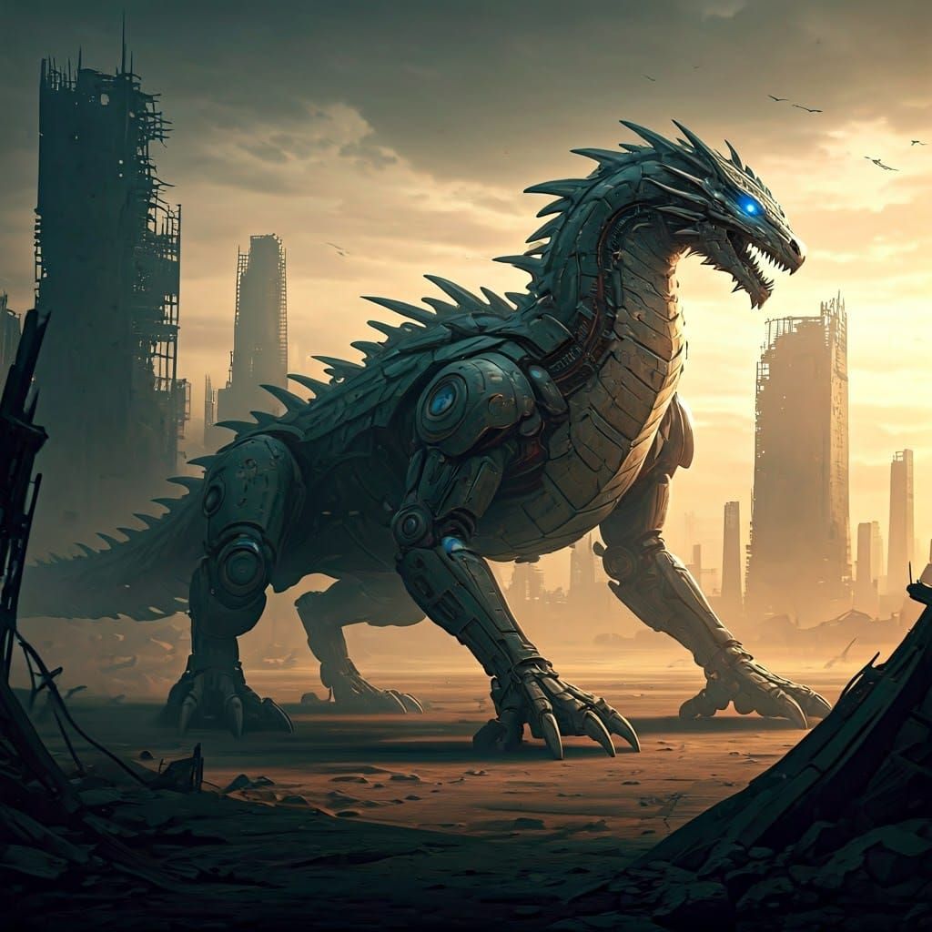 Cybernetic Dragon in Post-Apocalyptic Wasteland