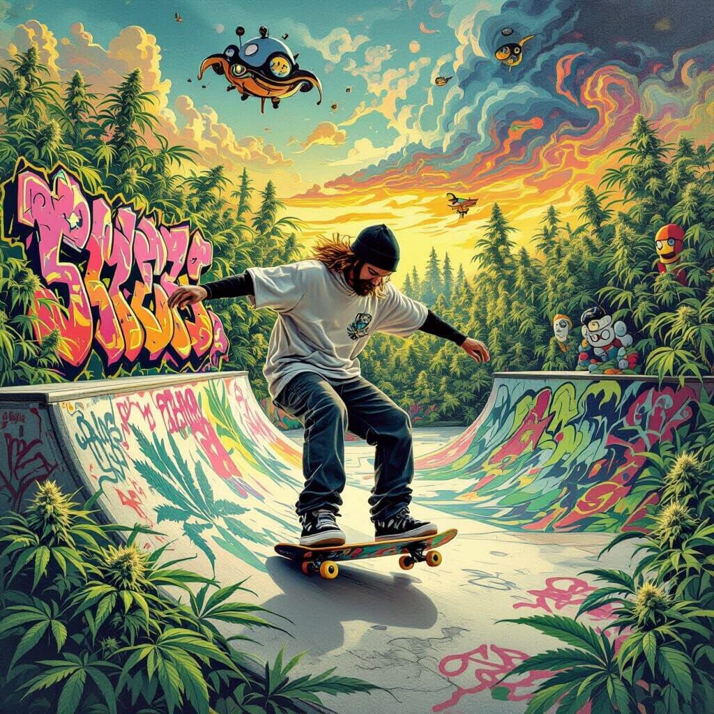 Psychedelic Skatepark Scene with Graffiti Art