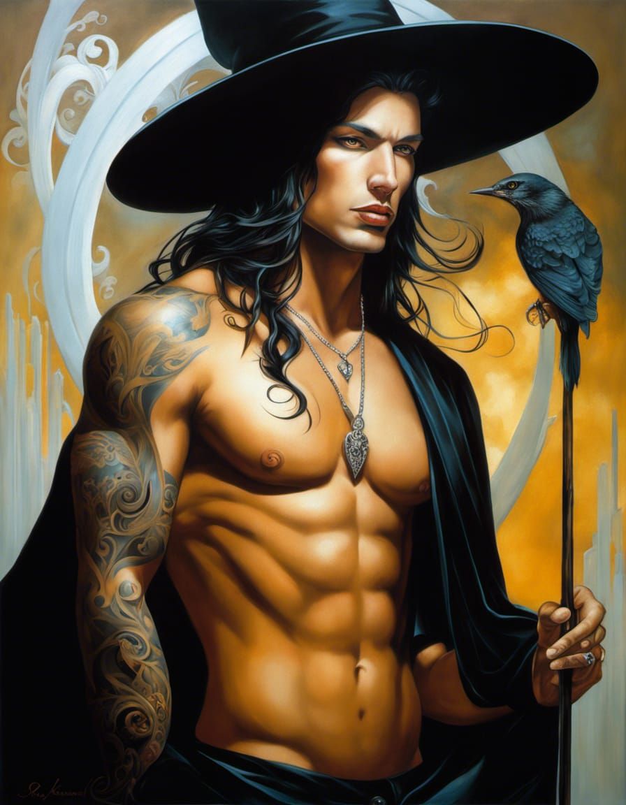Beautiful Man as Witch in Acrylic Painting