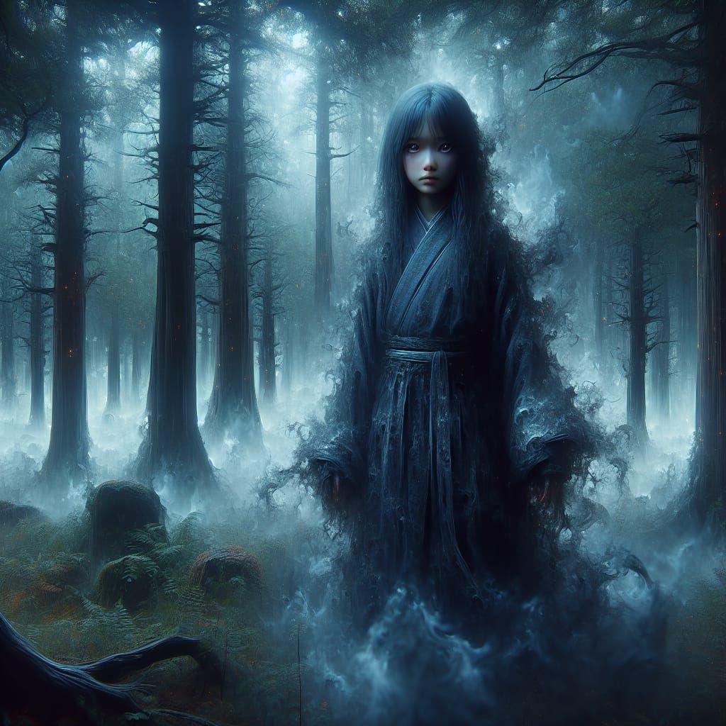 Ethereal Smoke Girl in Gloomy Forest: Fantasy Art