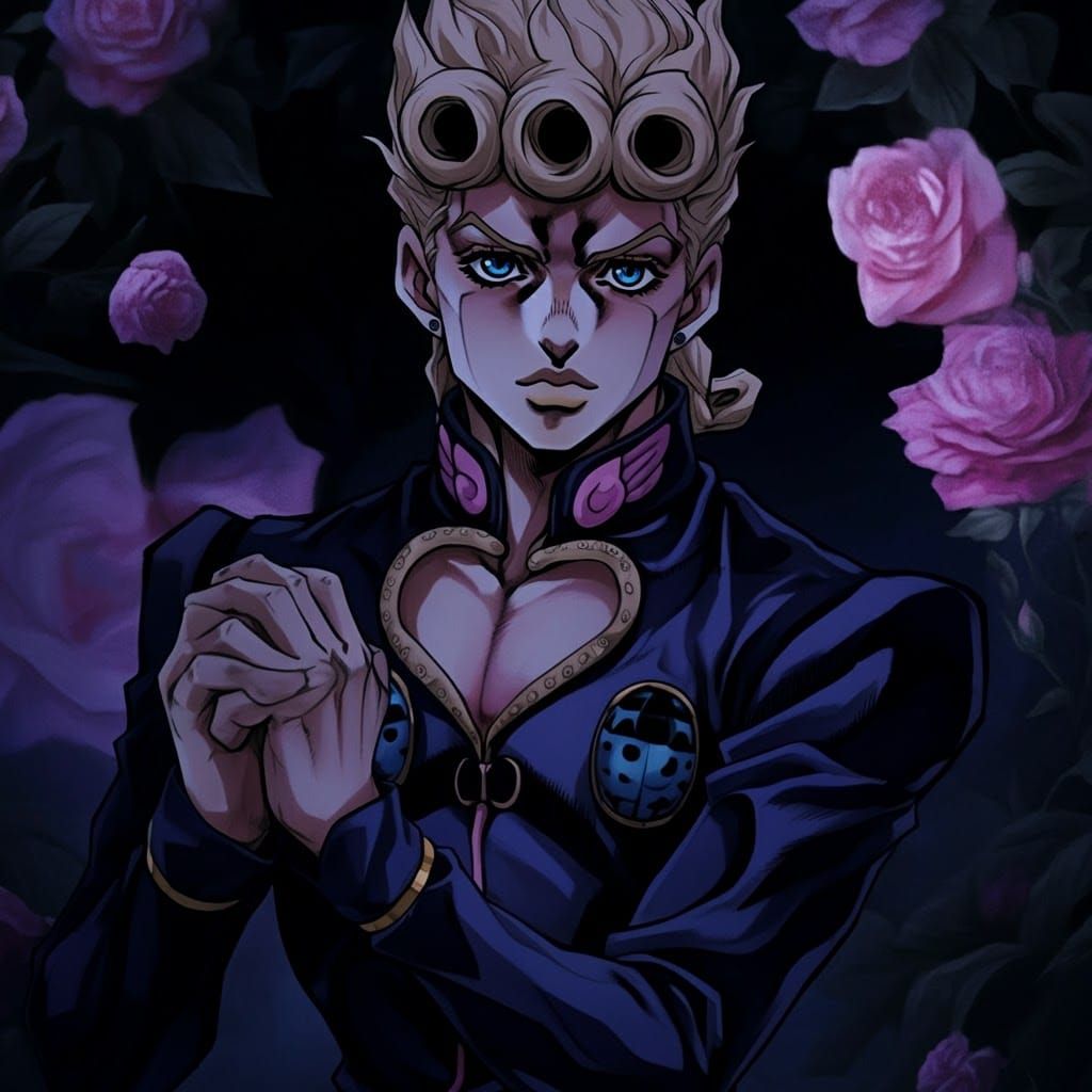 Haute couture fashion magazine shoot spread of the dark blue-headed blue-eyed androgynous Giorno Giovanna from JoJo's Bi...