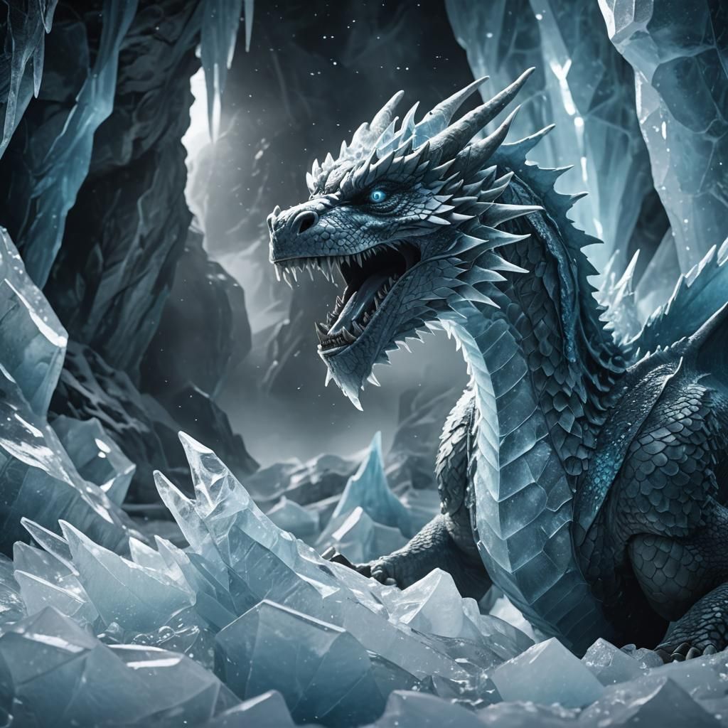 Diamond Dragon Breathing Ice in Frozen Cavern