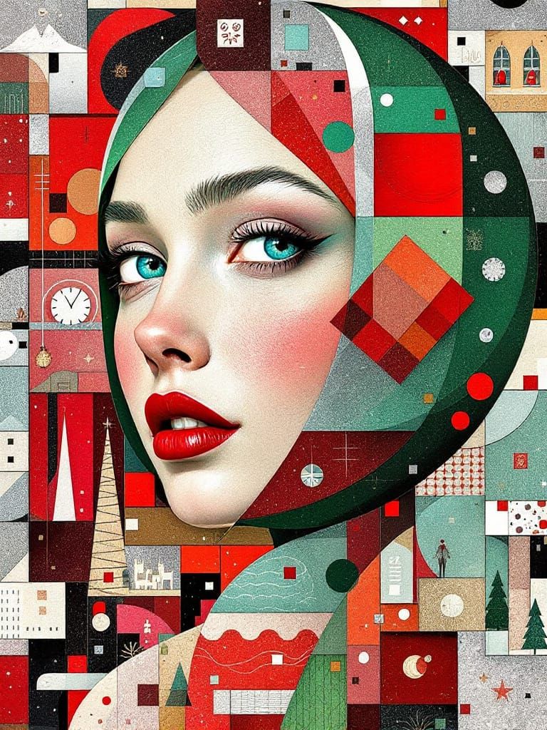 Festive Woman in Cubist-Surrealist Holiday Mosaic