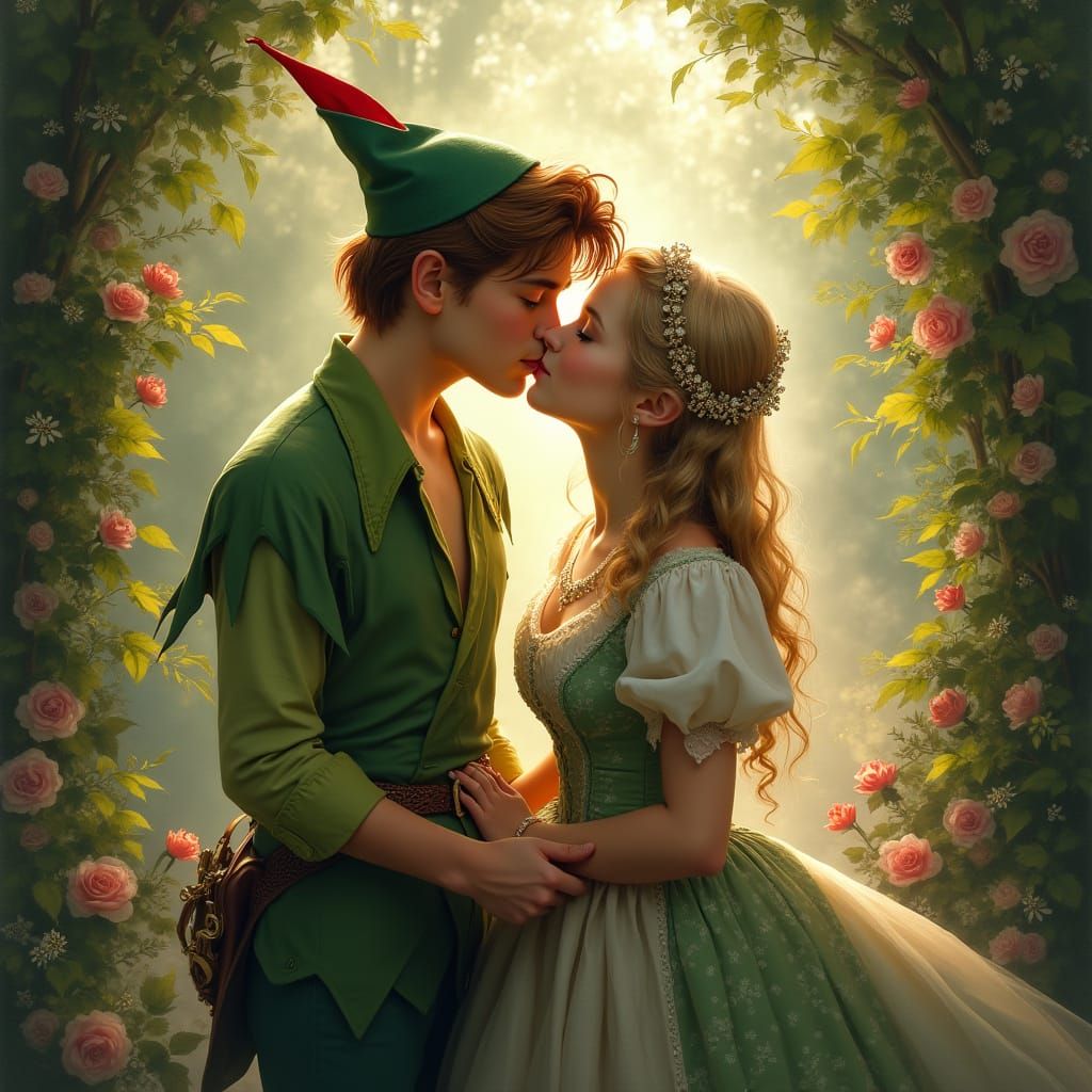 Peter Pan kisses Wendy romantically on Neverland