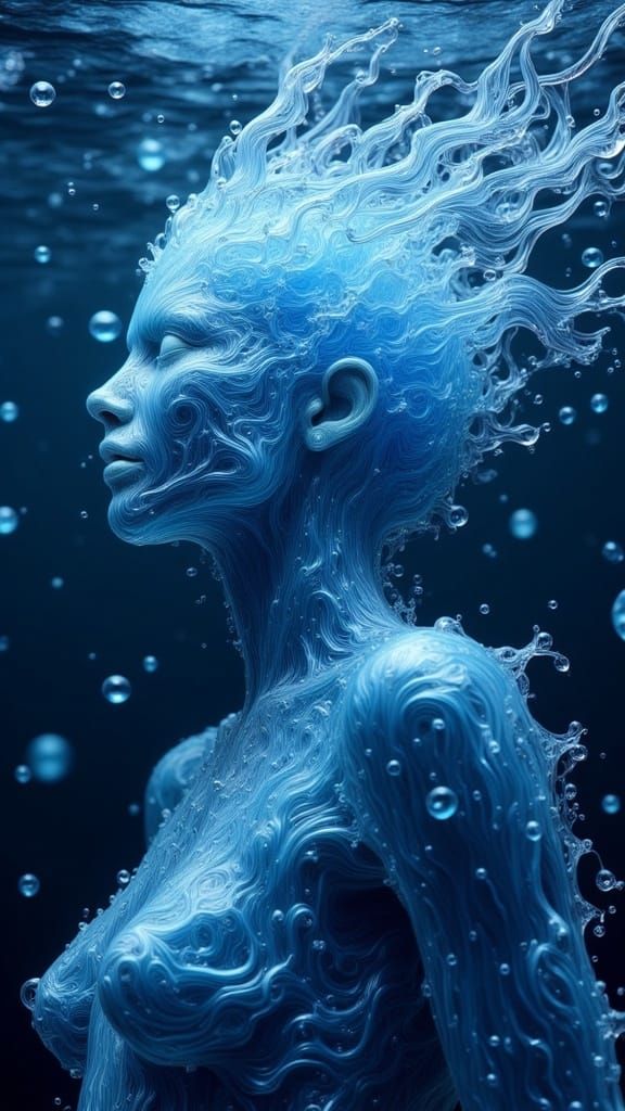 <lora:Magical Water Flux:1.0> Underwater photography of Vyrion, the Nebular Sentinel, is an ancient being of pure starli...