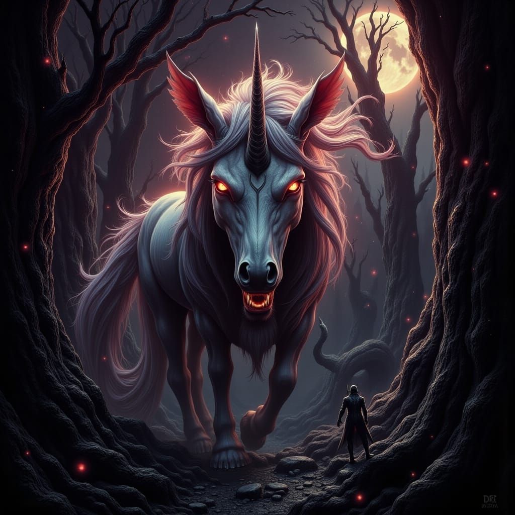 Sinister Evil Unicorn in Eldritch Forest