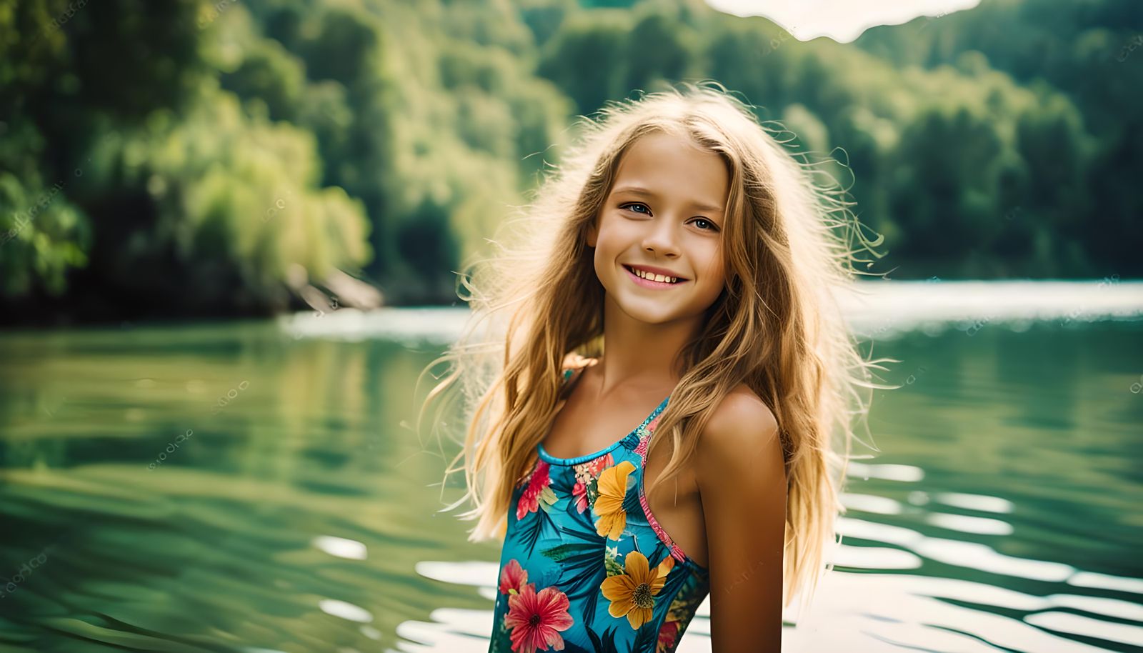 Smiling Girl in Swimwear at Peaceful Waters