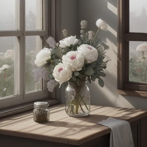 Peonies and Eucalyptus Bouquet: Detailed Matte Painting