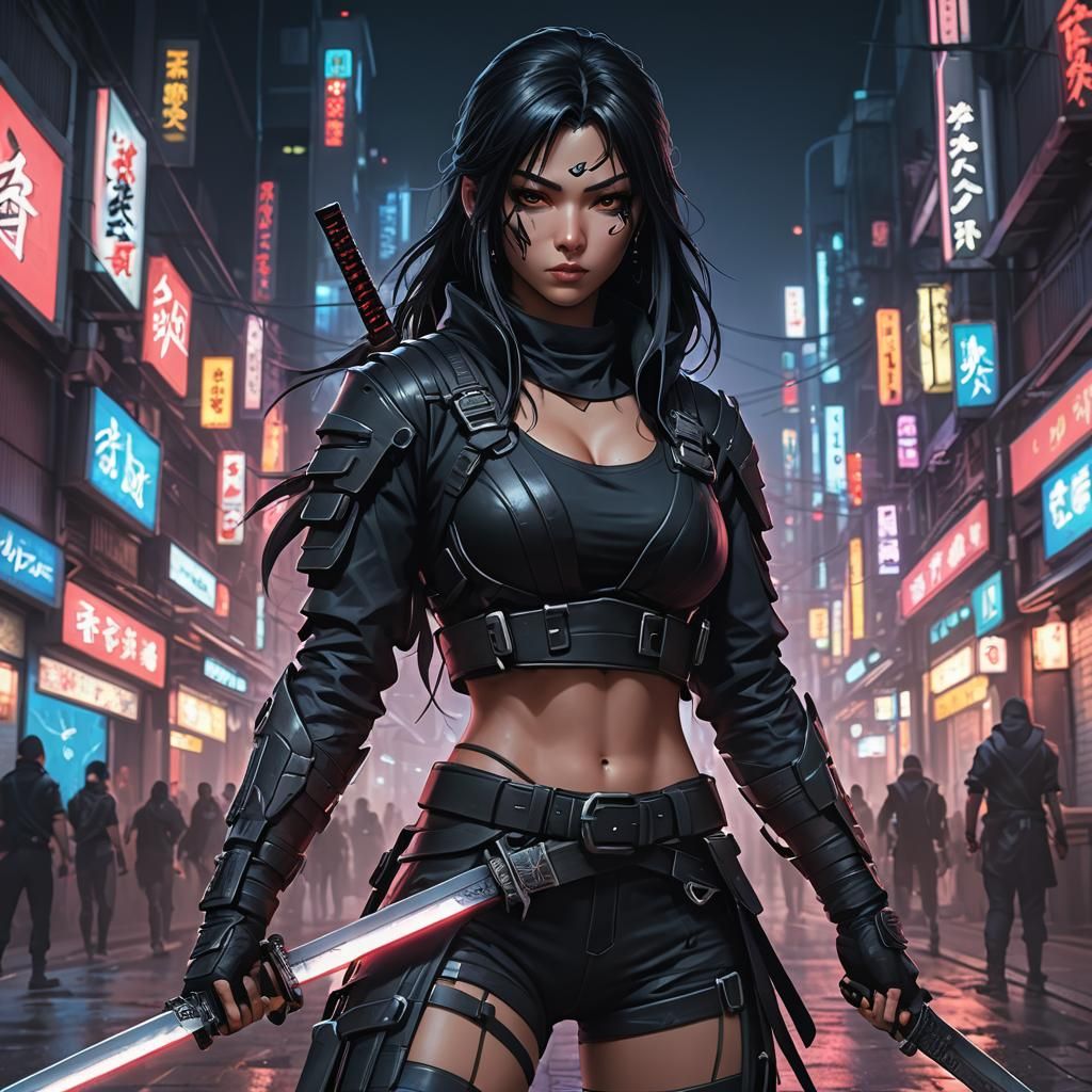 Cyberpunk Ninja Assassin with Katanas in Neon City