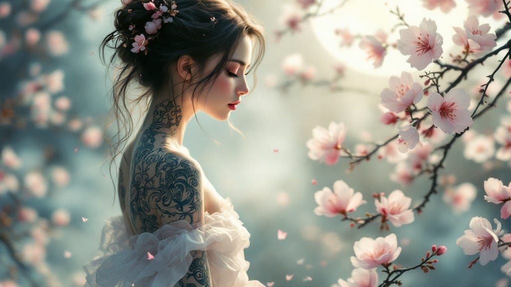 Ethereal Goddess of Springtime Blooms in Dreamy Garden