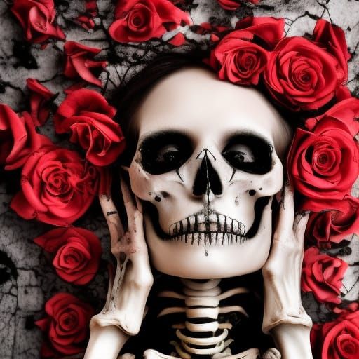 Decaying Skeleton Beauty with Roses in Dark Fantasy Art