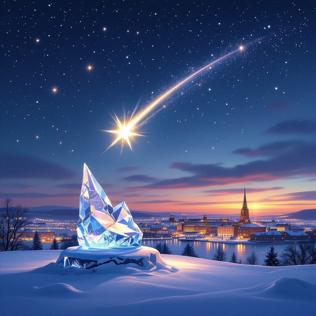 Crystal Ice Shooting Star Over Finnish City Night