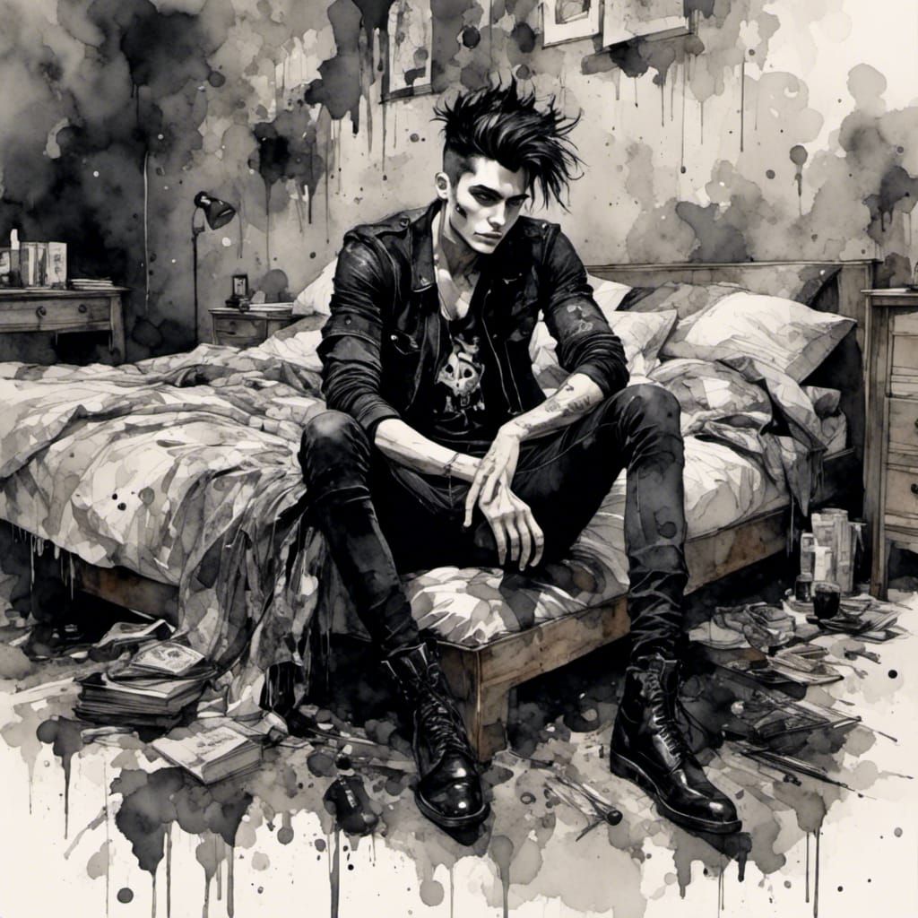 Moody Watercolor Portrait of a Punk-Goth Guy